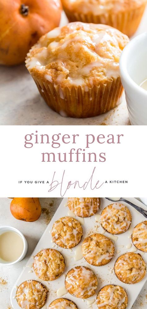 In need of a delicious fall brunch recipe? Ginger pear muffins are made with ginger and topped with a honey glaze to add plenty of flavor. They are easy to make too—no mixer required! Ginger pear muffins are a simple, yet incredibly flavorful breakfast treat. The pears add bits of sweet fruit dispersed throughout each muffin, which is complemented by the ginger in the batter. The only thing that could make these muffins better is the honey glaze on top!​​​​​​​ Ginger Muffins Healthy, Pear And Ginger Muffins, Pear Ginger Muffins, Pear Breakfast Recipes, Honey Muffins Recipe, Pear Muffins Recipes, Autumn Brunch Recipes, Pear Desserts, Best Muffin Recipe