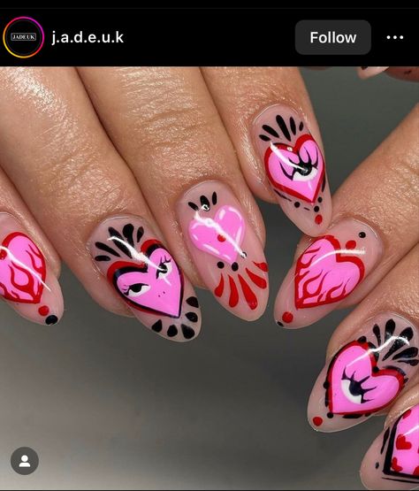 Edgy Valentines Nails, Edgy Valentines, Emo Valentines, Valentines Nails Pink, Maximalist Nails, Moody Maximalist, Valentine Nails Pink, Colorful Nail Art, Cute Nail Art Designs