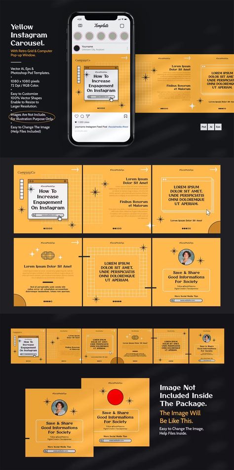 Yellow Retro Style Instagram Carousel Template AI, EPS, PSD Infographic Carousel Design, Brand Identity Design Layout, Instagram Carousel Design, Instagram Carousel Template, Instagram Infographic, Carousel Template, Carousel Design, Cosmetics Advertising, Instagram Carousel