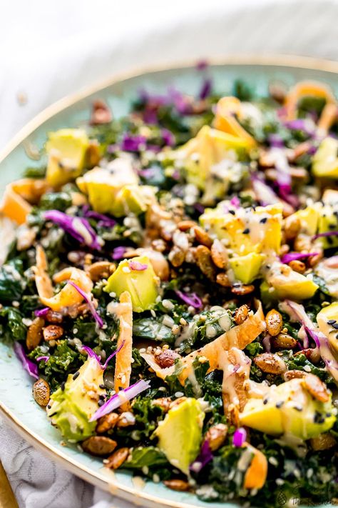 This is the Best Kale Salad with Sesame Tahini Dressing that you will ever taste. The freshness of the salad is made even better with the creamy tahini dressing! It's the perfect nutritious lunch, plus I share tips on how to massage your kale. Best Kale Salad Recipe, Seasoned Pumpkin Seeds, Easy Kale Salad, Best Kale Salad, Light Salad Dressing, Jessica In The Kitchen, Salad With Tahini Dressing, Sesame Tahini, Tahini Salad Dressing