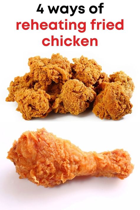 text: "4 ways of reheating fried chicken"  and two photos: one of fried chicken nuggets and fried chicken drumsticks Best Way To Reheat Fried Chicken, Reheat Fried Chicken In Oven, How To Reheat Fried Chicken, Reheat Fried Chicken, Breaded Chicken Tenders, Reheat Chicken, Chicken Gizzards, Popeyes Chicken, Fried Chicken Tenders