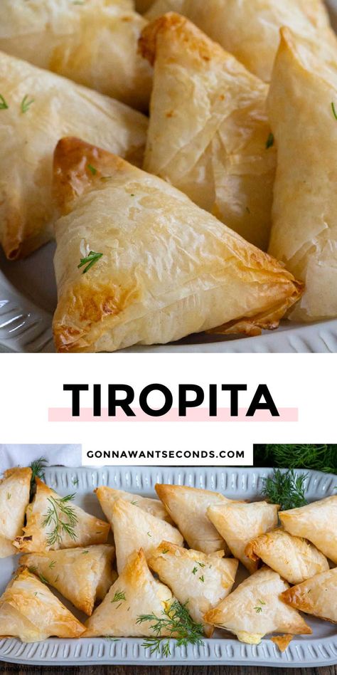 *NEW* My tiropita are delicious, savory, cheesy phyllo triangles that are also known as Greek cheese pies. They make the perfect appetizer, finger food, or snack! #greekcheesepies #tiropita Easy To Make Greek Food, Greek Appetizer Recipes, International Appetizers, Tiropita Recipe, Reception Appetizers, Awesome Sandwiches, European Desserts, Phyllo Recipes, Mediterranean Foods