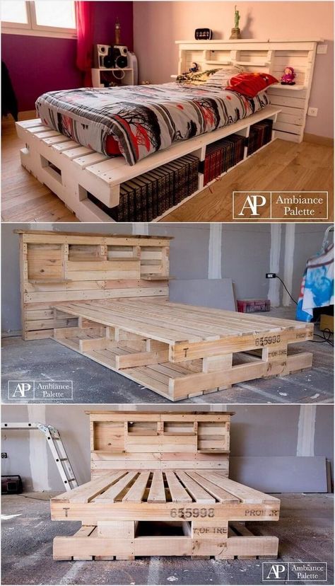 Interior Hallway, Design Ložnic, Pallet Furniture Designs, Pallet Beds, Pallet Projects Furniture, Pallet Bed, Pallet Decor, Headboard Storage, Wooden Pallets