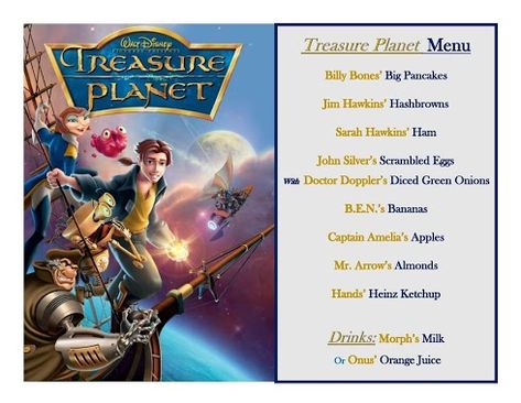 Treasure Planet Movie, Disney Movie Night Menu, Disney Themed Movie Night, Disney Movie Night Food, Planet Movie, Disney Themed Food, Disney Movie Night Dinner, Disney Menus, Movie Night Dinner