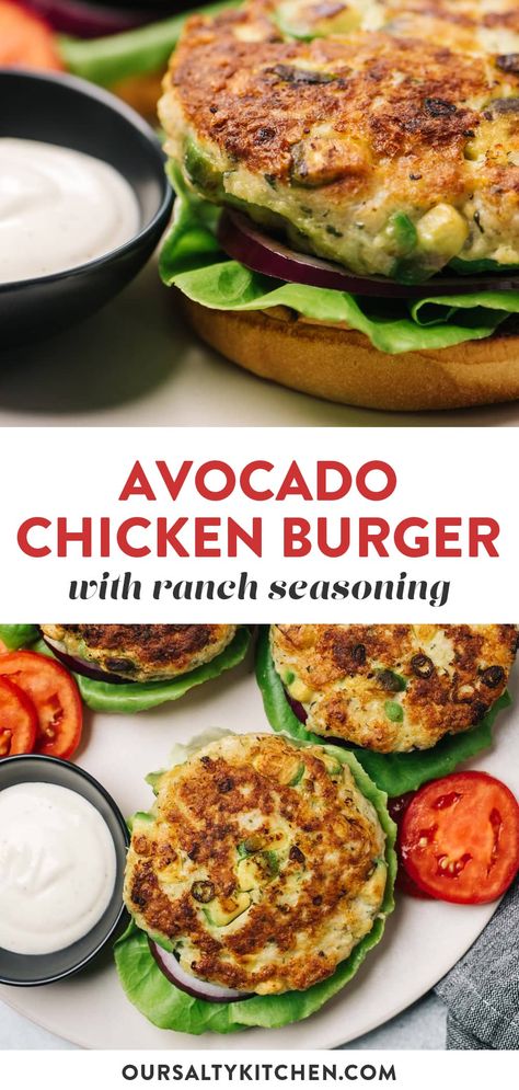 Avocado, ranch seasoning, and a blast of healthy fats transform lean ground chicken into an amazingly good Avocado Ranch Chicken Burger in just 30 minutes! Chicken burgers are the perfect skillet burgers, so you can and should enjoy them year-round. Serve them on lettuce wraps for a low carb option, or on toasty brioche buns for the full burger experience. Kid friendly and mom approved! #chicken #groundchicken #chickenburger #30minutesorless #kidfriendly Chicken Ranch Burgers, Skillet Burgers, Chicken Avocado Burger, Ground Chicken Burgers, Turkey Avocado, Avocado Burger, Chicken Burgers Recipe, Avocado Chicken, Avocado Ranch