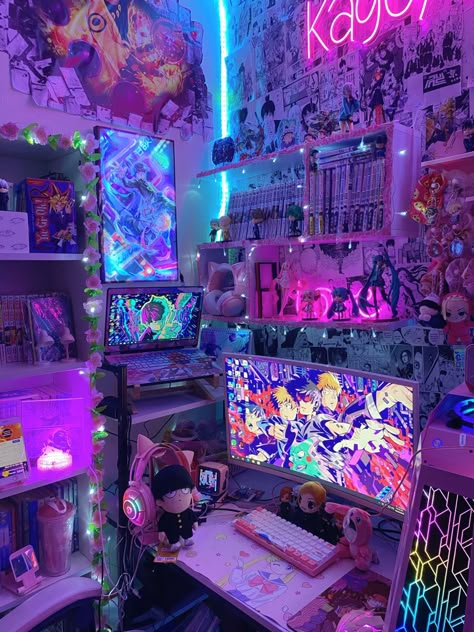 Cyberpunk Room, Punk Room, Anime Bedroom Ideas, Games Room Inspiration, Kawaii Room Ideas, Tech Room, Gamer Bedroom, Computer Gaming Room, Otaku Room