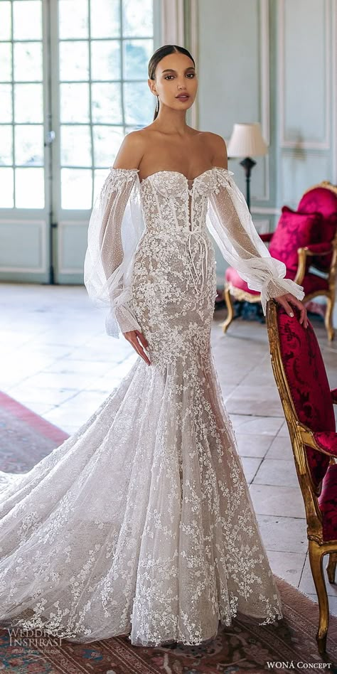 Jazz Wedding Dress, Wona Bridal, Dream Wedding Dresses With Sleeves, Detailed Wedding Dress, Mermaid Wedding Dress With Sleeves, Wedding Dress Designers, Timeless Wedding Dress, Fancy Wedding Dresses, Dream Wedding Ideas Dresses