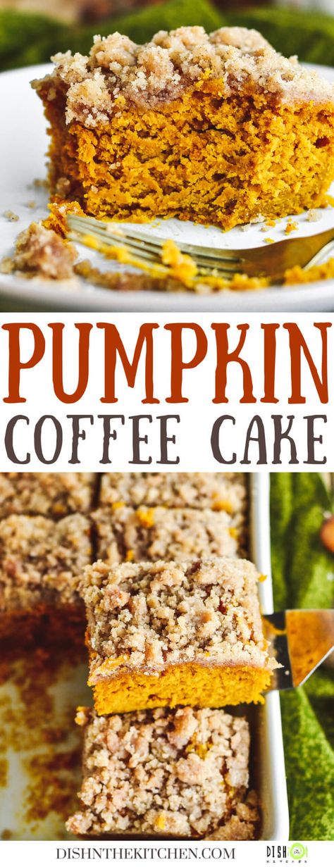 Celebrate fall with a Pumpkin Coffee Cake topped with golden streusel topping. Made with pumpkin purée and flavoured with warming spices like cinnamon and ginger, this moist pumpkin cake tastes amazing and fills your home with cozy fall aromas while it bakes. It is pure fall comfort food. Pumpkin Coffee Cake Recipes, Loaf Breads, Pumpkin Coffee Cake, Spiced Cake, Easy Pumpkin Dessert, Pumpkin Sheet Cake, Streusel Coffee Cake, Pumpkin Coffee Cakes, Pumpkin Pudding