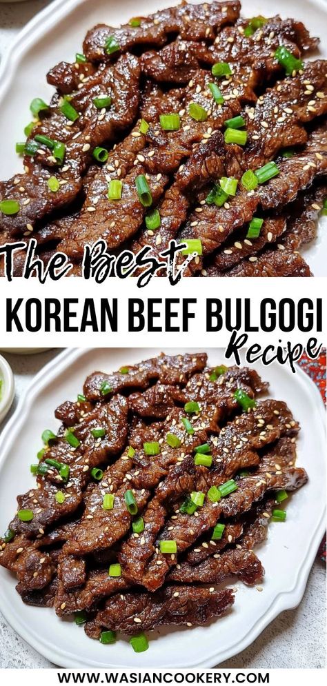 A bowl of Korean Bulgogi (BBQ beef) served with steamed rice, fresh vegetables, and sesame seeds, perfect for a flavorful and easy dinner. Korean Beef Bulgogi Recipe, Korean Dessert Recipes, Korean Bbq Recipes, Korean Noodle Recipes, Korean Comfort Food, Healthy Korean Recipes, Beef Bulgogi Recipe, Korean Beef Bulgogi, Korean Bbq Beef