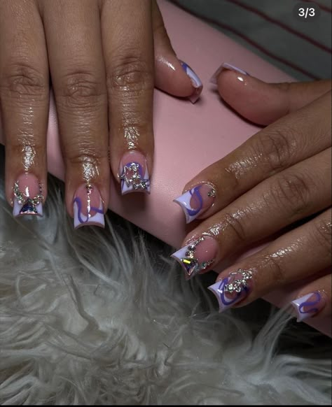 Short Concert Nails, Short Junk Nails Square, Purple Medium Nails, Cute Short Nail Sets Birthday, Purple Junk Nails, Purple Nails With Charms, Purple Duck Nails, Purple Short Nails Designs, Purple Short Acrylic Nails