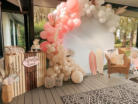 Baby On Board Girl Baby Shower Ideas, Surfer Girl Baby Shower Ideas, Baby On Board Baby Shower Ideas Girl, Beach Babe Baby Shower Theme, Beach Baby Shower Theme, Surfer Baby Shower, Ocean Baby Shower Theme, Pink Birthday Theme