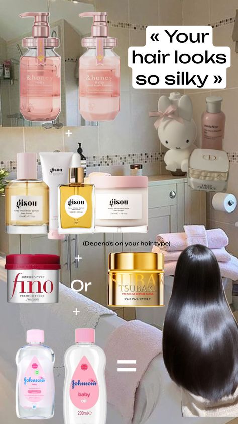 #silkyhair #hair #haircare #fino #tsubaki #honeyshampoo #gisou #gisouhair #babyoil How to make your hair look silky and healthy🛁🫧🎀 Healthy Shiny Hair, Healthy Hair Routine, Colored Hair Tips, Curly Hair Styles Easy, Hair Stylies, Hair Makeover, Hairdo For Long Hair, Body Care Routine, Skin Care Kit