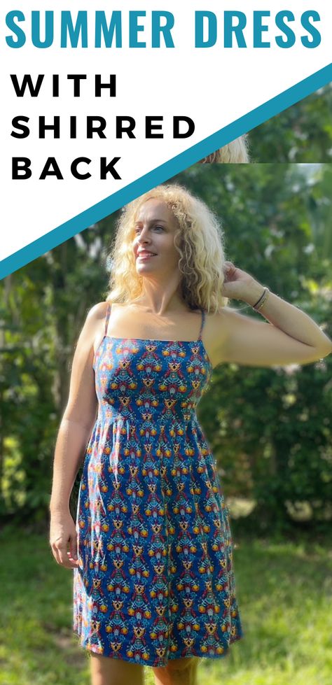 Easy Summer Dress Sewing Pattern with Shirred Back - Crafting on the Fly Summer Dress Sewing Patterns Sundresses, Sewing A Sundress, Shirred Back Dress Pattern, Shirred Back Dress, Sundress Sewing Patterns Free, Shirring Dress Pattern, Easy Diy Summer Dress, Spaghetti Strap Dress Pattern Free, Simple Sundress Pattern Free