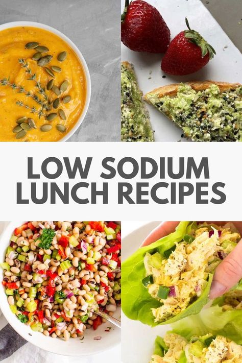 Pictured is four low sodium lunch recipes including soup, avocado tofu toast, lettuce wraps, and bean salad. Low Sodium Lunch Ideas, Low Sodium Chicken Breast Recipes, List Of Meals, Low Sodium Breakfast, Heart Healthy Recipes Easy, Low Sodium Recipes Heart, Low Sodium Snacks, Kidney Friendly Recipes Renal Diet, Heart Healthy Recipes Low Sodium