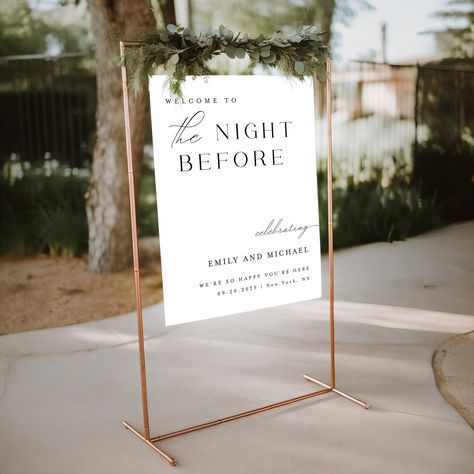 "This rehearsal dinner welcome sign is a digital editable template, using Templett.com. Edit right in your web browser. It features a wonderful typography and refined style. This elegant rehearsal party sign will be the perfect touch for your Wedding, Rehearsal dinner, Engagement party, Vow Renewal, Bridal Shower, Bachelorette Party or other event. You will receive an access link within minutes after purchase to your email. Make your edits (wording, font, background color etc.), download and print at home or with a print shop/copy center/photo lab. Please try a free demo before purchase! ✅FULLY CUSTOMIZABLE TEXT, INCLUDING COLOR, SIZE AND STYLE ✅NO SOFTWARE TO INSTALL ✅NO FONTS TO DOWNLOAD ⬇️TRY THE DEMO BEFORE PURCHASE 🆓️FREE DEMO🆓️ TRY IT BEFORE YOU BUY IT Copy and paste this url into Welcome Party Sign Wedding, Wedding Welcome Party Sign, The Night Before Wedding Sign, Welcome To The Night Before Sign, Wedding Welcome Party Decor, Rehearsal Dinner Signs Welcome, The Night Before Rehearsal Dinner Sign, Rehearsal Dinner Ideas Decorations, The Night Before Sign