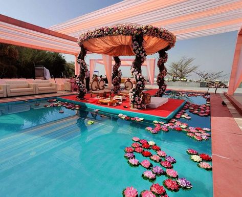 Photo From Wedding - By Trishla Events Pastel Wedding Decorations, Hindu Wedding Decorations, Pool Wedding, Outdoor Stage, Marriage Decoration, Mandap Decor, Wedding Mandap, Wedding Decor Style, Engagement Decorations