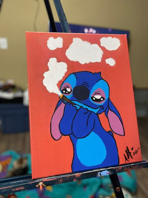 Stitch Line Art Disney, Trippy Stitch Drawing, Stitch Paintings On Canvas, Cute Stitch Painting, Stitch Senior Parking Spot, High Cartoon Paintings On Canvas, Easy Stitch Painting, Trippy Canvas Ideas, High Characters Painting