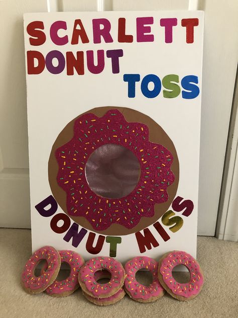 Donut toss game with donut bean bags. Fun Birthday Activities, Birthday Party 4, Donut Party Decorations, Donut Theme Party, Doughnut Party, Donut Themed Birthday Party, Grown Up Parties, Birthday Donuts, Donut Birthday Parties