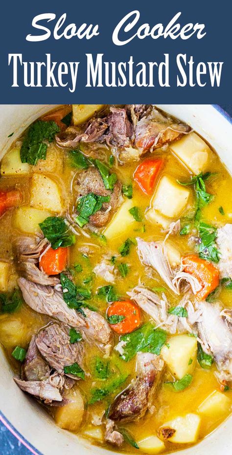 Slow Cooker Turkey Stew with Mustard and Root Vegetables! Mustard makes all the difference with this turkey stew, perfect for chilly weather and easy on the budget too! #turkeystew #turkey #slowcooker #slowcookerrecipe Pressure Cooker Turkey, Turkey Stew, Root Vegetables Recipes, Crockpot Turkey, Slow Cooker Turkey, Cheap Clean Eating, Stew Recipes, Turkey Recipes, Clean Eating Snacks