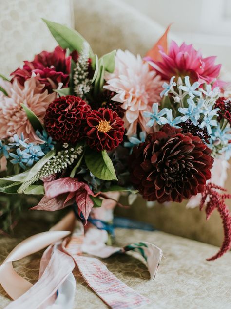 Ideas & Advice by The Knot Tweedia Bouquet, Fall Jewel Tone Wedding, Cafe Au Lait Dahlia Bouquet, Jewel Tone Wedding Bouquet, Dahlia Wedding Bouquets, Dahlia Wedding, Dahlia Bouquet, Jewel Tone Wedding, Wedding Dress Pictures