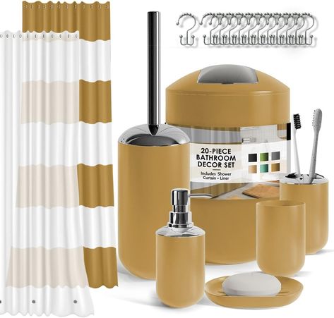 Clara Clark Bathroom Set - Gold Bathroom Accessories Set, 20PC Bathroom Accessory Set, Shower Curtain Set with Liner, Toothbrush Holder, Soap Dispenser, Soap Dish, Toilet Brush Holder, and Trash Can Visit the Clara Clark Store Gold Bathroom Set, Gold Shower Curtain, Gold Bathroom Decor, Black Bathroom Decor, Cloth Shower Curtain, Gold Bathroom Accessories, Bathroom Shower Curtain Sets, Plastic Shower Curtain, Bathroom Accessories Set