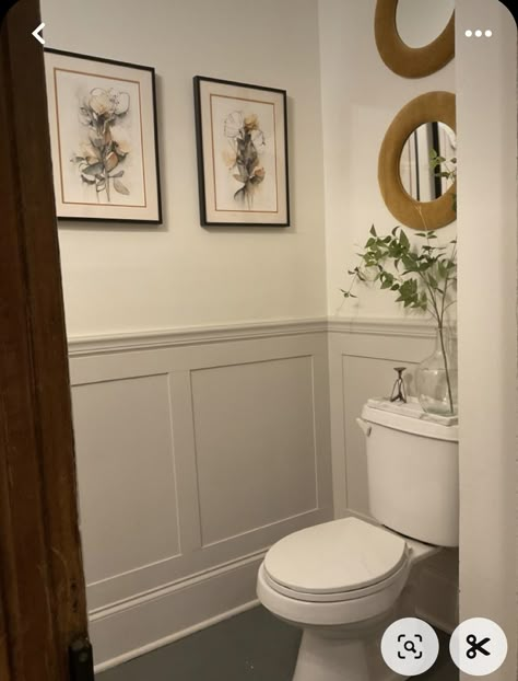 Panelling Small Toilet, Half Panel Bathroom, Powder Bathroom Board And Batten, Half Bath Wainscoting Ideas, Downstairs Half Bathroom Ideas, Shiplap Half Wall Bathroom, Bathroom Half Wall Paneling Ideas, Half Bath Beadboard, Wainscoting Small Bathroom