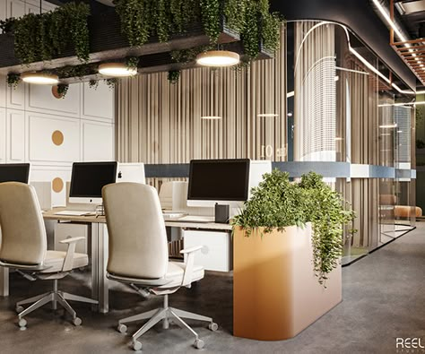 Head Office Design on Behance Head Office Design, Office With Plants, Modern Office Design Inspiration, Bank Interior Design, Office Design Concepts, Open Concept Office, Open Office Design, Contemporary Office Design, Workstations Design