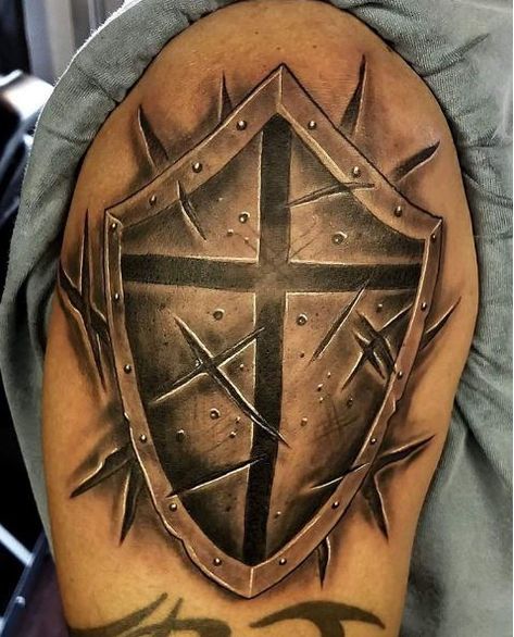 Christian Shield Tattoos For Men, Shield Tattoos For Men, Christian Tattoo Ideas For Men, Cool Christian Tattoos, Christian Tattoos For Men, Christian Tattoos Men, Christian Tattoo Ideas, Armor Of God Tattoo, Armour Tattoo