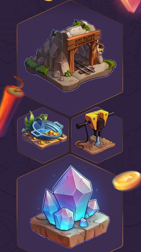 TREASURE MINE - Casual game on Behance Gold Miner Game, Isometric Map, Map Games, Props Concept, Game Gui, Casual Art, Isometric Art, Game Props, Casual Game