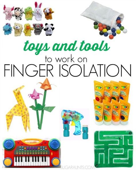 Toy ideas for working on finger isolation Occupational Therapy tips Best Occupational Therapy Toys, Finger Isolation Occupational Therapy, Pediatric Occupational Therapy Ideas, Early Intervention Occupational Therapy, Ideas For Kindergarten, Coordination Activities, Occupational Therapy Activities, Fine Motor Activities For Kids, Fingerprint Art