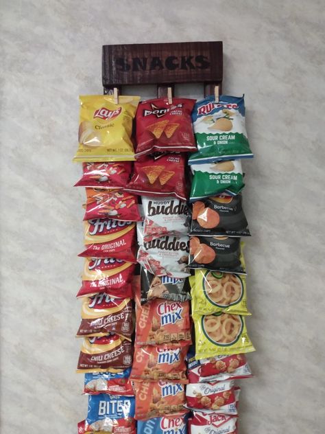 Made this diy chip rack, easy, transfered word using mod podge Diy Chip Rack, Snack Display Ideas Store, Snacks Display Ideas, Snack Rack Ideas, Food Truck Storage Ideas, Snack Shop Design, Snack Display Ideas, Snack Storage Ideas, Snack Wall