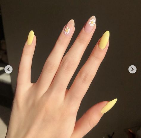 Minimalist Nails Yellow, Yellow Nails Simple, Soft Yellow Nails, Trendy Yellow Nails, Daisy Nail Designs, Acrylic Nail Shapes, Subtle Nails, Daisy Nails, Minimal Nails