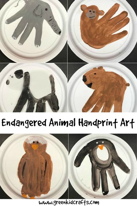 Endangered animal educational activity. Make these animal handprints to teach kids about the animals on the endsgered species list. Endangered Species Activities, Endangered Animals Activities, Endangered Animals Project, Green Crafts, Animal Activities For Kids, Handprint Craft, Animal Crafts For Kids, Handprint Crafts, Animal Activities