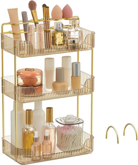 SONGMICS Makeup Organiser, 2 Types of Accessories, 3-Tier Skincare Organiser, Rectangular, Customisable, Jewellery Holder, for Vanity, Gift, Champagne Gold JKA013A01 Types Of Accessories, Skincare Organiser, Makeup Organizer Countertop, Makeup Utensils, Skincare Organizer, Dressing Table Organisation, Perfume Holder, Perfume Stand, Cosmetic Organiser