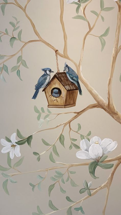 Tree Branch Murals On Wall, Birds Mural Painting, Wall Painting Birds, Butterfly Mural Painting, Diy Mural Wall Paintings Easy, Kitchen Wall Mural, Wall Mural Flowers, Fairy Mural, Bird Mural