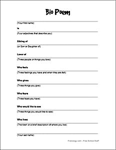 bio poem - template--fun writing crafts for ages 8 and up. #writing #commoncorestandardreadingliterature Bio Poem Template, I Am Poem Template, Pretend School, Bio Poem, Student Magazine, Bio Poems, Poetry Templates, I Am Poem, Poetry Worksheets