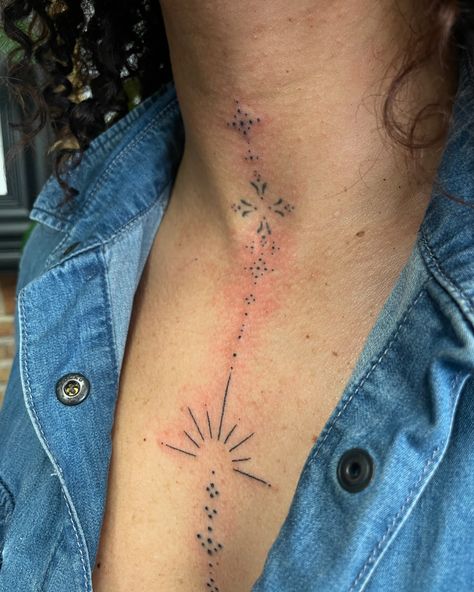 We started a year ago with a small ornament on her neck. Now we extended it to her chest what’s next 👀✨ • #balitattoo #canggutattoo #finelinetattoo #finelinetattoobali #melbournetattoo #perthtattoo #sydneytattoo #ubudtattoo #tattoocanggu #seminyaktattoo #inkedbypeachs #suntattoo #spiritualtatts Neck Sun Tattoo, Chest Neck Tattoo, Mother Tattoos For Children, Snow Flake Tattoo, Small Chest Tattoos, Neck Tattoos Women, Handpoke Tattoo, Sun Tattoos, Spiritual Tattoos