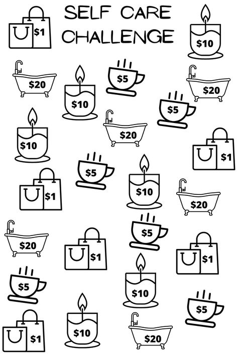 "DIGITAL versions of the Self Care Savings Challenge. There are two different formats included: one  that is big and takes up the whole page to use for digital planners or budget books and second version where you can print and cut out mini ones to be used in physical budget binders. If you are having trouble with formatting/getting cut off while printing, change settings to \"FIT TO SCALE\" and it will print nicely on whole page." Self Care Savings Tracker, Self Care Savings Challenge, Free Savings Challenge Printable, Budget Binder Free Printables, Budget Books, Mini Saving Challenge, Printable Self Care, Mini Savings Challenge, Saving Coins