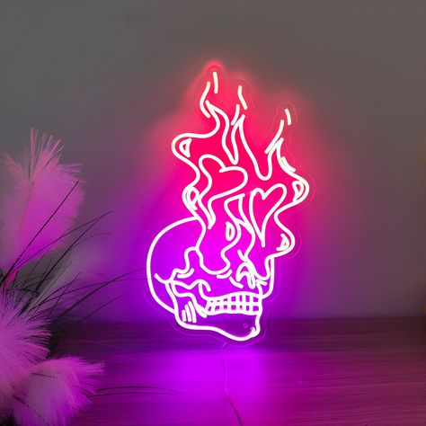 Mounted Wall Lights, Skull Neon Sign, Neon Wall Lights Bedroom, Light Up Signs Aesthetic, Cool Neon Signs Bedroom, Neon Room Signs, Led Signs Aesthetic, Cute Neon Signs, Aesthetic Wall Decor Bedroom