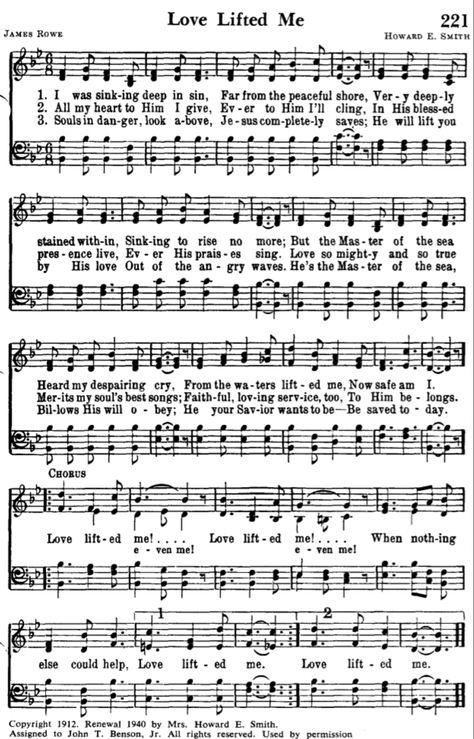 "All my heart to him I give. Ever to him I'll cling. In his blessed presence live. Ever His praises sing. Love so might and so true. Merits my soul's best songs. Faithful loving service too. To Him belongs. Love lifted me. Love lifted me. When nothing else could help. Love lifted me." Lyrics by Jason Row. Music by Howard Smith Love Lifted Me, Tom T Hall, Psalms 121, Songs With Meaning, Me Lyrics, Jesus Songs, All My Heart, Me Too Lyrics, Wet Clothes