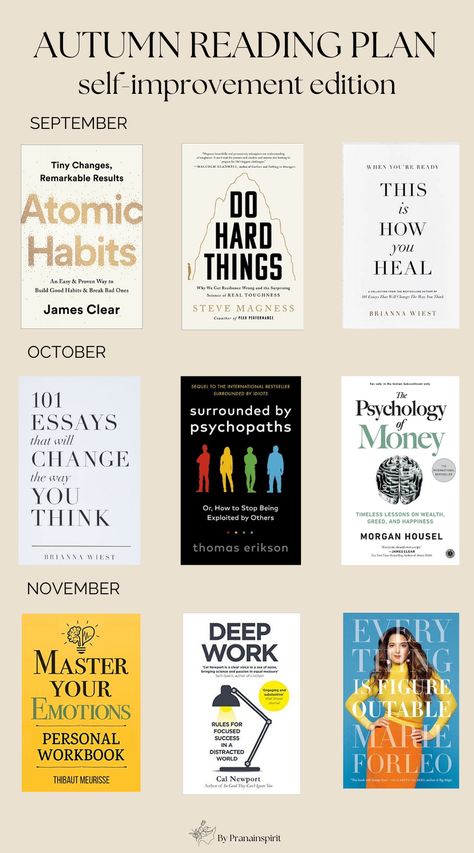 Autumn reading plan for self-improvement and growth. Set yourself a goal to read three books every month. Autumn is the coziest season of the year thus making it a perfect time to snuggle up under a blanket and start reading🍂  #book #books #mindsetbooks #selfhelpbooks #bookrecommendation #growthbooks #spiritual #spiritualitybooks #mindset #mindsetshift #mindsettips #successmindset #growth #growthmindset #personaldevelopment #healthylife #healthyhabits #peace #mentalhealth Growth Books To Read, Autumn Reading, Growth Books, Books Recommendations, Empowering Books, Start Reading, Favorite Book Quotes, Daily Positive Affirmations, Reading Book