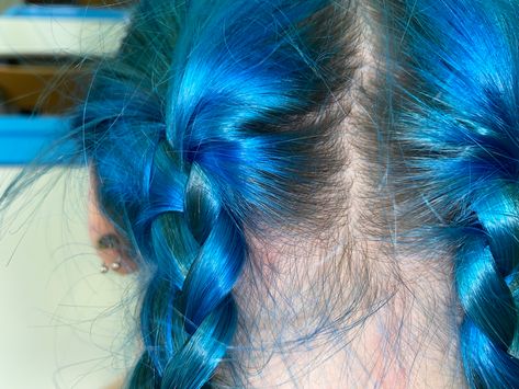 Blue Braids Aesthetic, Short Wavy Blue Hair, Long Blue Hair Aesthetic, Blue Hair With Bangs, Blue Split Dye, Jinx Hair, Blue Pigtails, Blue Hair Short, Blue Hair Aesthetic