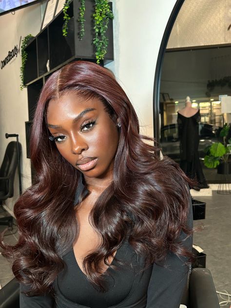 Brown Hair On Black Girls, Chocolate Brown Hair With Red Tint, Chocolate Brown Hair Color Black Women, Colorful Extensions, Lace Hairstyles, Nice Wigs, Clearest Skin, Hairstyles Side Part, Hair Mood Board