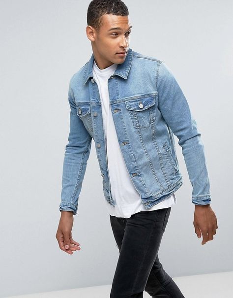 Asos Skinny Denim Jacket In Light Wash Blue Denim Jacket Outfit, College Outfits Men, Denim Outfit Men, Light Wash Denim Jacket, Jean Jacket Outfits, Outdoor Coats, Denim Jacket Outfit, Denim Outfits, Winter Jacket Men