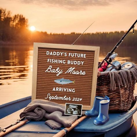 Super cute fishing pregnancy announcement idea perfect for anyone who loves fishing, camping, or outdoors. Customize these cute ideas for a fun announcement to use for social media or to print and send to the new grand parents, family, and friends. Simple and unique way to announce your pregnancy with a perfect fishing aesthetic. Fishing Baby Announcement, Fishing Pregnancy Announcement, Summer Pregnancy Announcement, Baby Boy Announcement Cards, Pregnancy Scan, Announcement Pictures, Fishing Baby, Unique Pregnancy Announcement, Boy Announcement