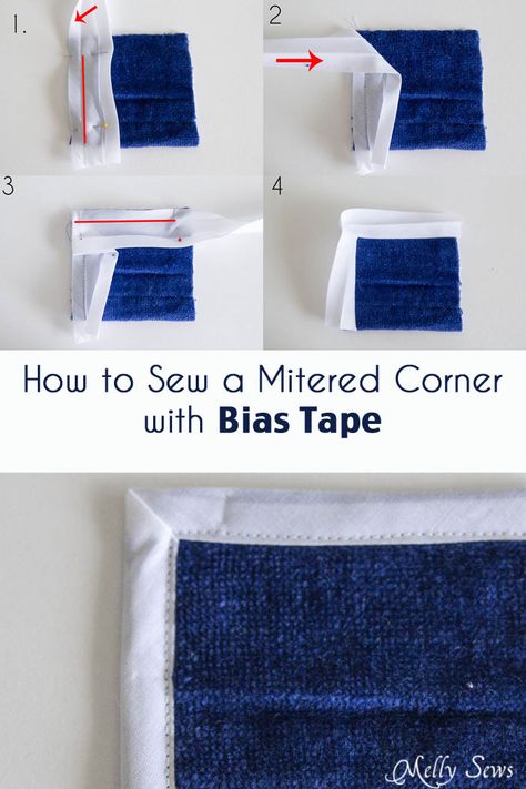 How to Sew a Mitered Corner with Bias Tape - Bias Tape Corners - Melly Sews Bias Tape Corners Tutorials, How To Sew Bias Tape On A Quilt, Sewing Bias Tape On Corners, How To Sew On Bias Binding, Sew Bias Tape How To, How To Use Bias Tape Tutorials, Fabric Edge Finishing, How To Sew Bias Tape Corners, How To Sew Bias Tape On