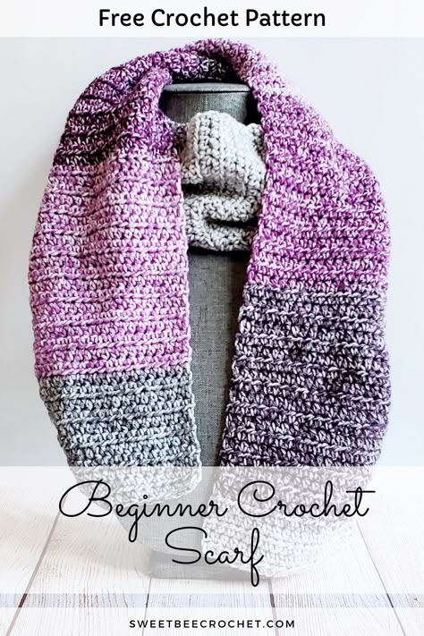 Beginner Crochet Scarf - Free Pattern - Sweet Bee Crochet Crocheted Infinity Scarf Patterns Free Easy, 3 Color Crochet Scarf Pattern Free, Crochet Scarf Measurements, Basic Scarf Crochet Pattern, Easy Crocheted Scarf Patterns Free, Beginner Crochet Scarf Pattern, Fast Scarf Crochet Pattern, Free Crochet Pattern For Scarf, Crochet Hat And Scarf Set Pattern Free Easy