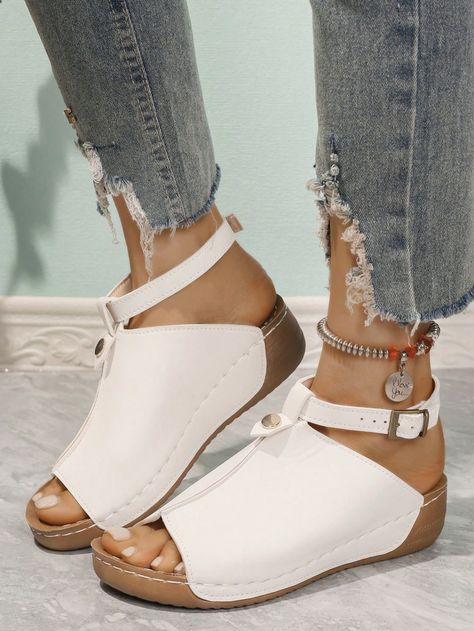 Women's Comfortable Platform Wedge Sandals - Minimalist Design, Open Toe Style, Adjustable Buckle Strap, Flat Heel, Casual Style Women's Sandals, Suitable For Daily, Sports, Leisure Or Vacation, Summer, Solid Color Peep Toe Shoes, Leather Material, Fashion Women Shoes White Bohemian        Women Shoes, size features are:Bust: ,Length: ,Sleeve Length: