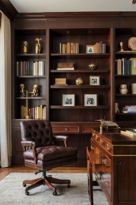 Cherry Wood Office Decor Ideas, His And Hers Office Space, Bank Office Design, Cherry Wood Office, Home Office French Doors, Law Firm Office Design, Dark Wood Office, Lawyer Office Interior, Academia Interior Design