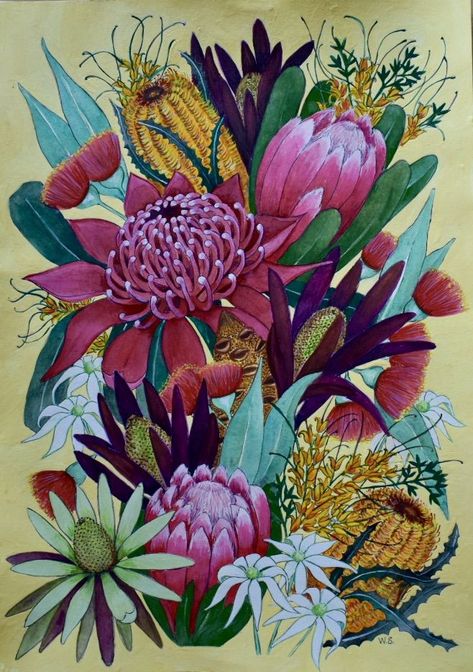 Painting of waratah, banksias, proteas, grevillea, gum blossoms and flannel flowers against a yellow background. Botanical Art Drawing, Native Drawings, Flowers Australia, Australian Painting, Australian Native Garden, Indigenous Australian Art, Garden Mural, Australian Wildflowers, Australian Flowers